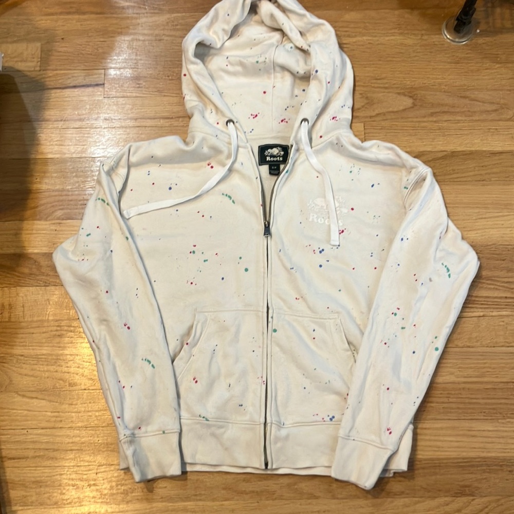 Roots paint splash 1980s style zippered hoodie sweatshirt with hood